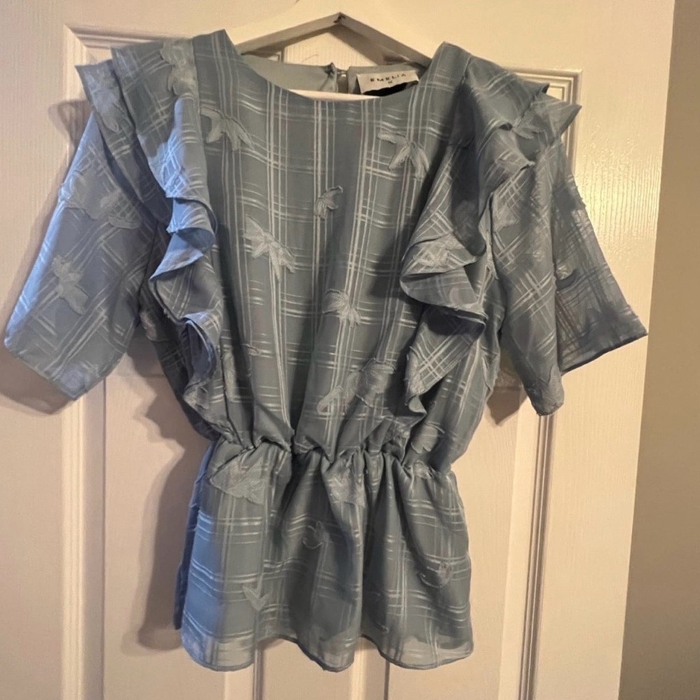 Who What Wear Light Blue Ruffled Blouse